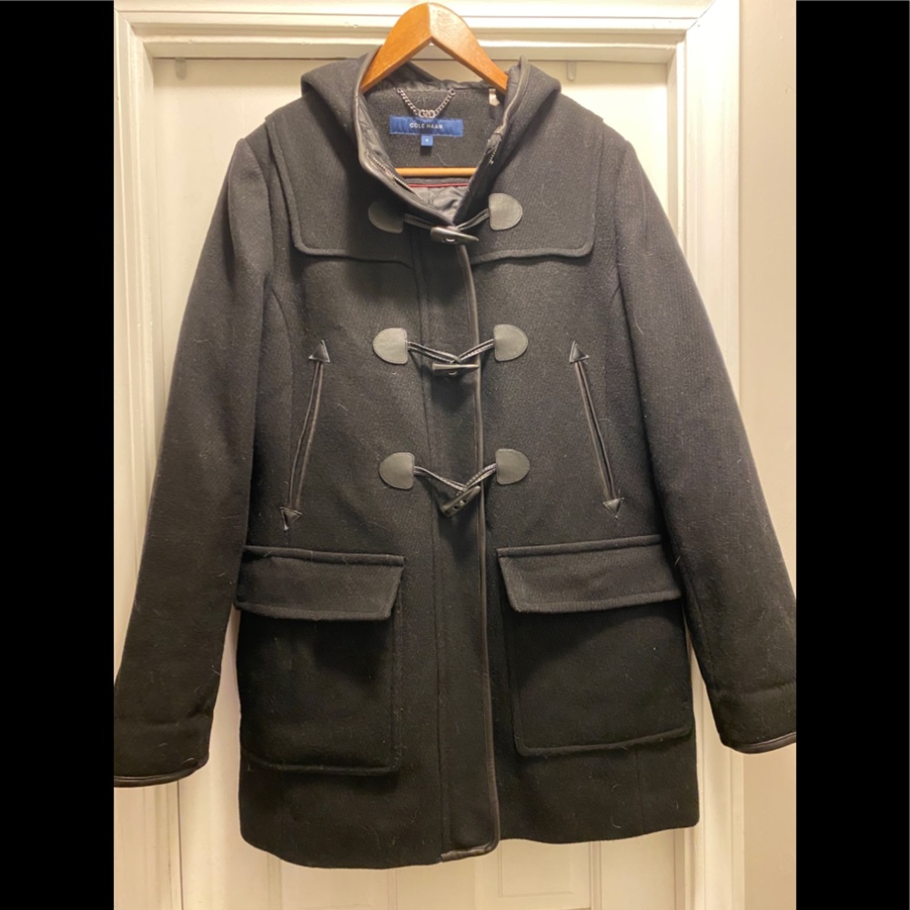 COLE HANN PEACOAT WOOL BLEND LEATHER TRIM & HOOD